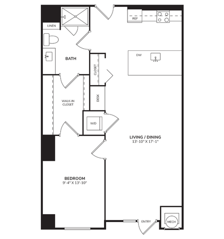 Floor plan for 1 bed, 1 bath, 776 sqft